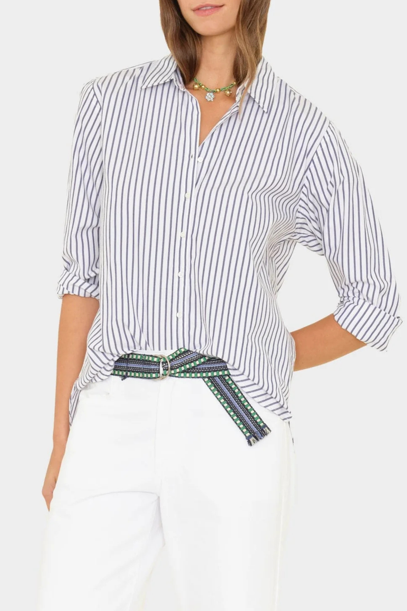 front profile model wearing beau stripe in shirt Boyfriend style
Button down
Long sleeve
Relaxed and generous fit
True to size (size down for a slightly less oversized fit)
100% Cotton Poplin