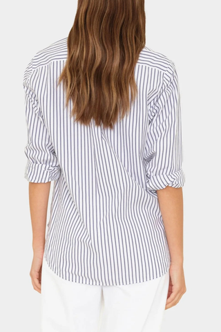 back profile model wearing beau stripe in shirt Boyfriend style
Button down
Long sleeve
Relaxed and generous fit
True to size (size down for a slightly less oversized fit)
100% Cotton Poplin