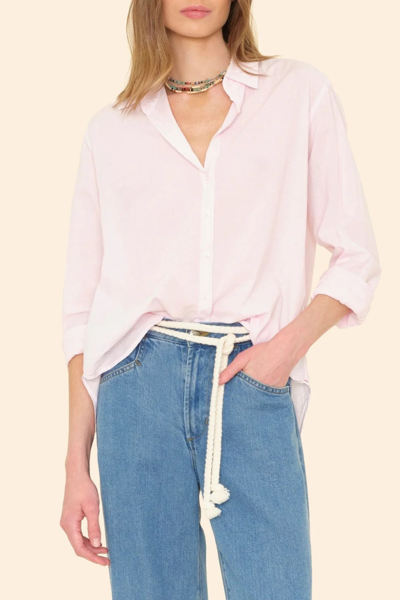 front profile model wearing Beau Shirt Pale Rose cotton poplin Boyfriend style
Button down
Long sleeve
Relaxed and generous fit