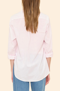 back profile model wearing Beau Shirt Pale Rose cotton poplin Boyfriend style
Button down
Long sleeve
Relaxed and generous fit