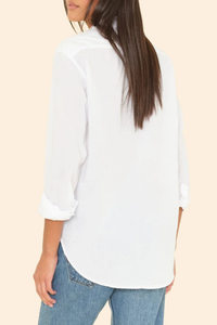 back profile model wearing Beau Shirt White cotton poplin Boyfriend style
Button down
Long sleeve