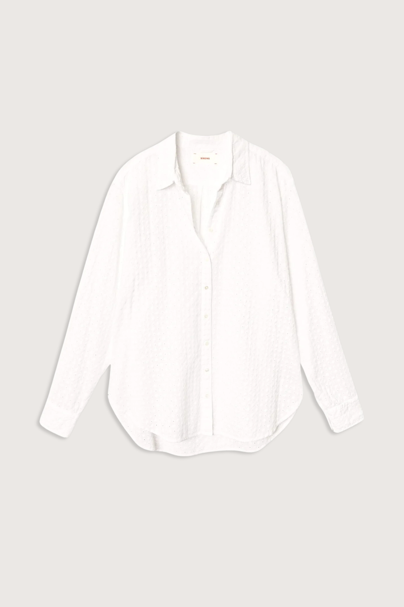 flat lay Beau Soleil Dot Embroidered Shirt white Eyelet cotton
Menswear-inspired shape
Soleil Dot Embroidery
100% Cotton