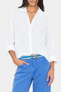 front profile model wearing Beau Soleil Dot Embroidered Shirt white Eyelet cotton
Menswear-inspired shape
Soleil Dot Embroidery
100% Cotton