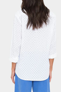 back profile model wearing Beau Soleil Dot Embroidered Shirt white Eyelet cotton
Menswear-inspired shape
Soleil Dot Embroidery
100% Cotton