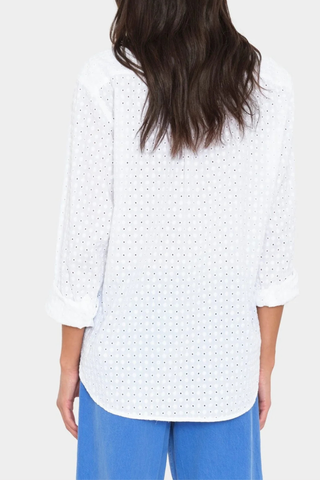 back profile model wearing Beau Soleil Dot Embroidered Shirt white Eyelet cotton
Menswear-inspired shape
Soleil Dot Embroidery
100% Cotton