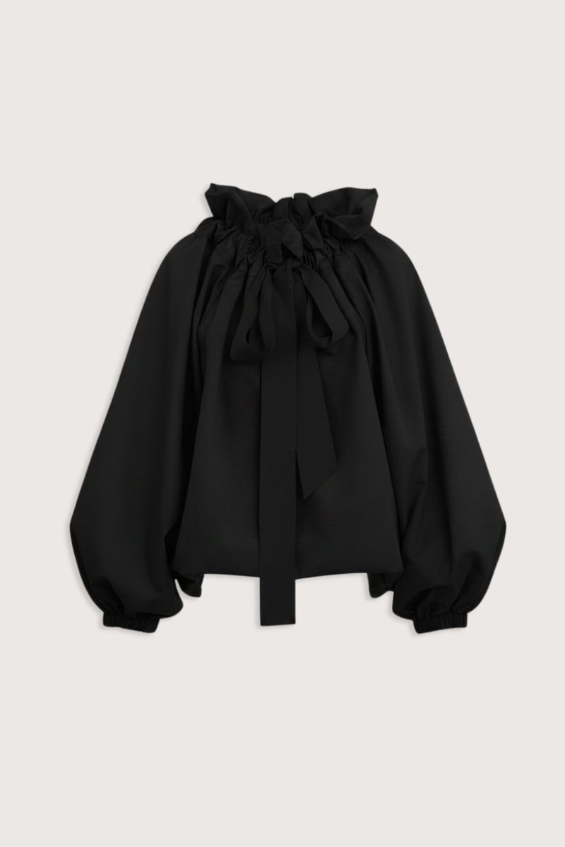flat lay Beautiful Mess Top Black Bow neck
puff sleeves
Grand ruffle neck cinched in with lovely wide ribbon
Long sleeve
Elastic cuff
Straight hem

Relaxed fit
100% Cotton