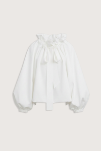 flat lay Beautiful Mess Top Cloud white Bow neck
puff sleeves
Grand ruffle neck cinched in with lovely wide ribbon
Long sleeve
Elastic cuff
Straight hem
100% Cotton