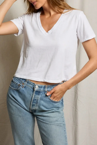 front profile model wearing Beckett Crispy Cotton V-Nk Tee White 100% Cotton
Relaxed boxy fit
V-neck silhouette
