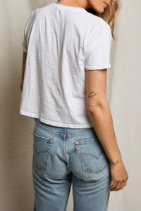 back profile model wearing Beckett Crispy Cotton V-Nk Tee White 100% Cotton
Relaxed boxy fit
V-neck silhouette
