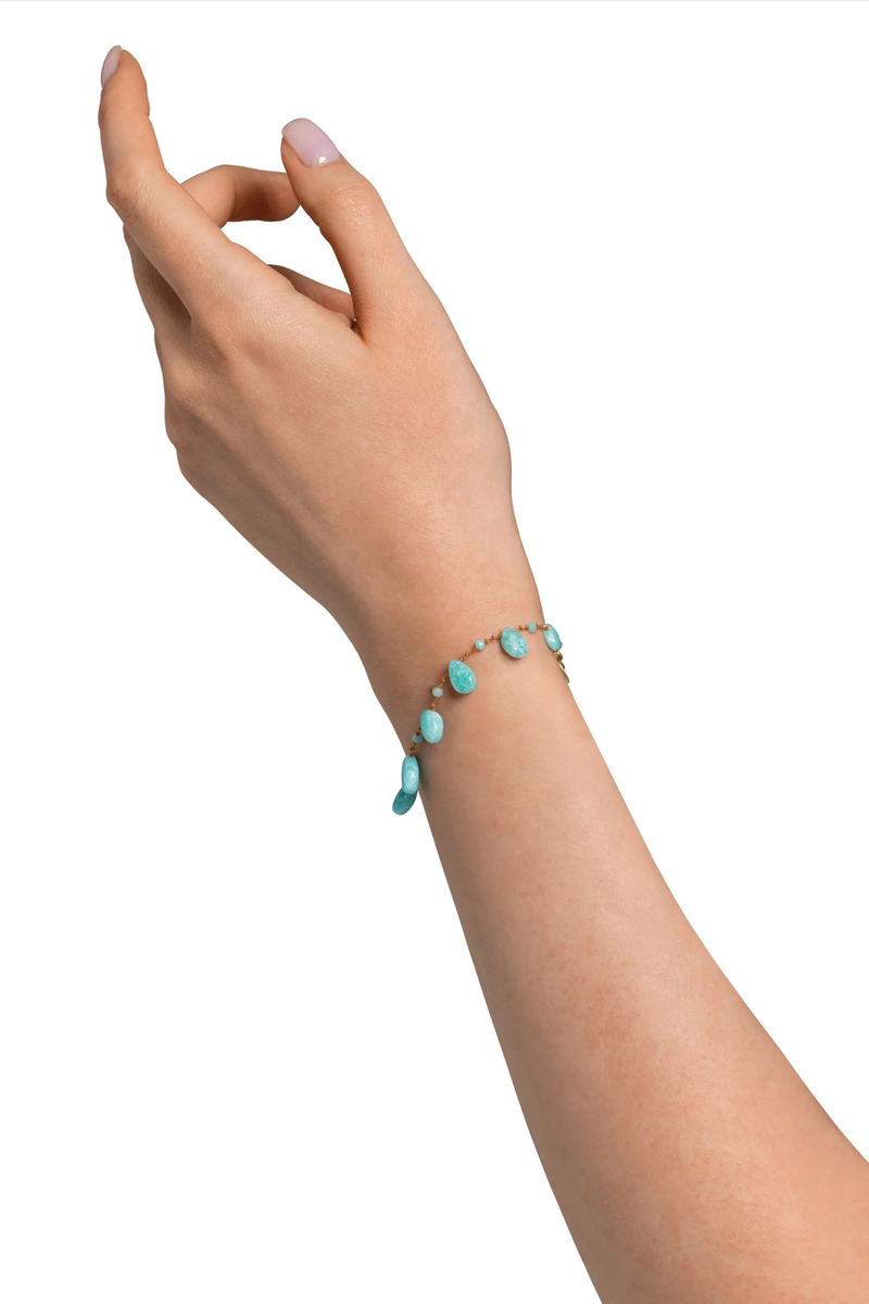 model wearing Beetle Amazonite Bracelet - Hook Clasp infinity 14K Gold-filled