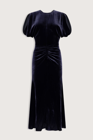 flat lay Bela Silk Velvet Dress navy Midi-length
Silk viscose velvet

Soft, fluid drape
Mid weight piled velvet
Round front neckline
V-shaped back
Front waist gather
82% Viscose 18% Silk