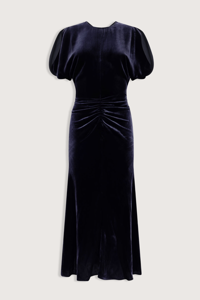 flat lay Bela Silk Velvet Dress navy Midi-length
Silk viscose velvet

Soft, fluid drape
Mid weight piled velvet
Round front neckline
V-shaped back
Front waist gather
82% Viscose 18% Silk