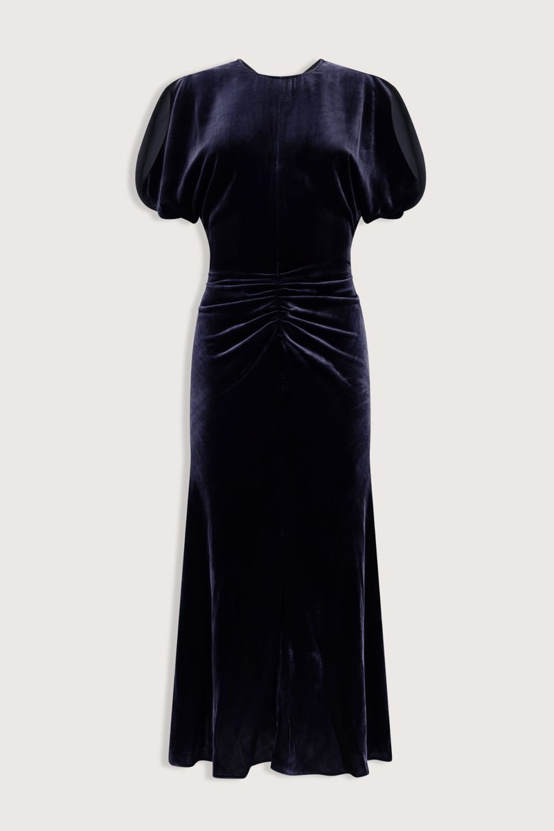 flat lay Bela Silk Velvet Dress navy Midi-length
Silk viscose velvet

Soft, fluid drape
Mid weight piled velvet
Round front neckline
V-shaped back
Front waist gather
82% Viscose 18% Silk