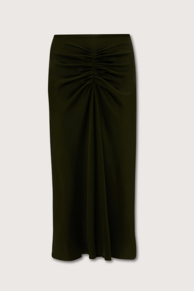 flat lay Bella Skirt dark olive green midi length gathered waist flared hem