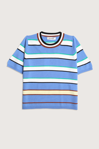 flat lay Benji Merino  Striped Short Sleeve Top hyacinth blue green yellow red combo Wool
Crewneck
Ribbed cuff and hem
Stripe print