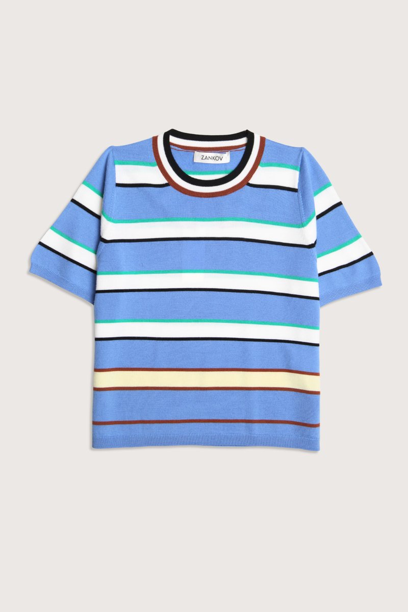 flat lay Benji Merino  Striped Short Sleeve Top hyacinth blue green yellow red combo Wool
Crewneck
Ribbed cuff and hem
Stripe print