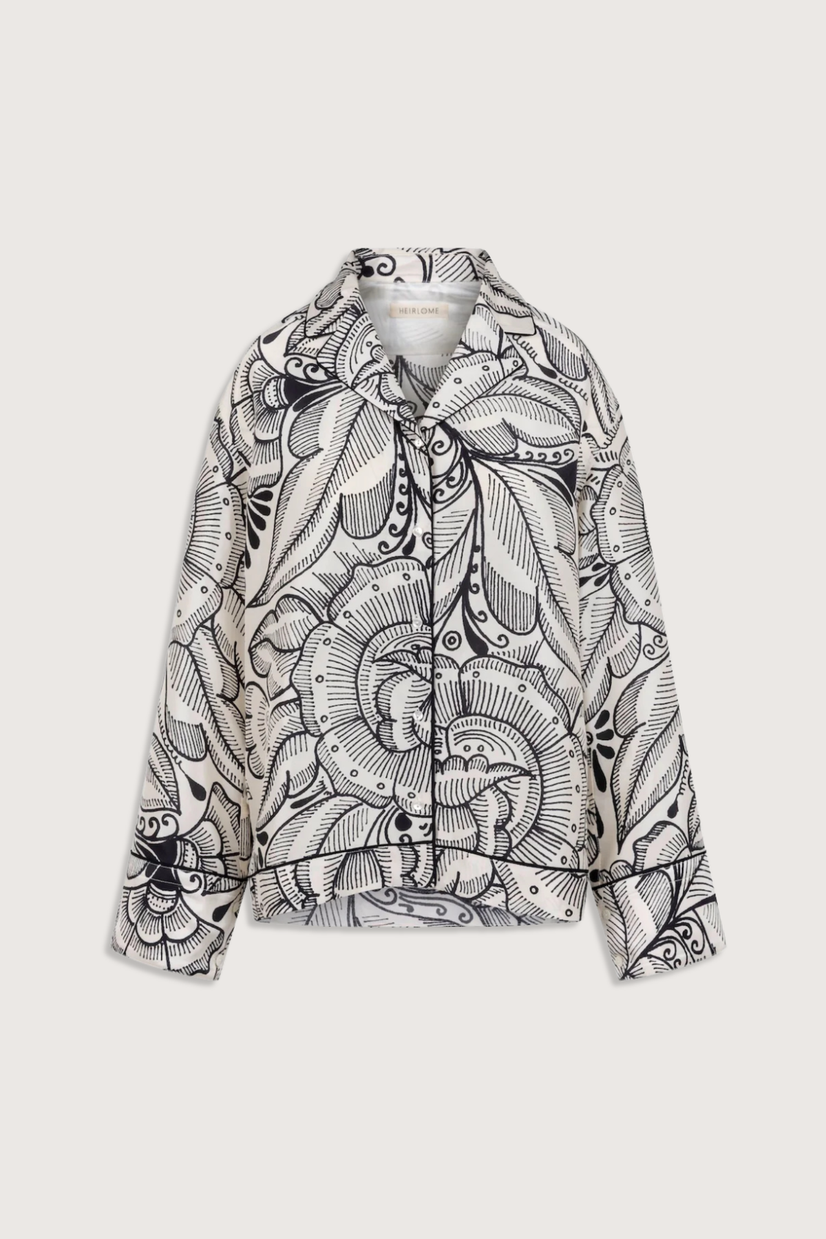 flat lay  front profile Bernardina Printed Shantung Shirt silk ivory black print Button-down shirt
Printed silk shantung
Black silk twill piping throughout
Open camp collar