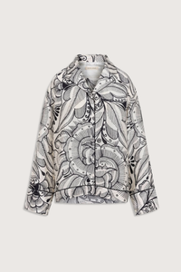 flat lay  front profile Bernardina Printed Shantung Shirt silk ivory black print Button-down shirt
Printed silk shantung
Black silk twill piping throughout
Open camp collar