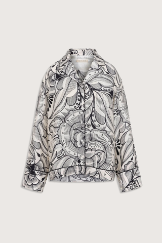 flat lay  front profile Bernardina Printed Shantung Shirt silk ivory black print Button-down shirt
Printed silk shantung
Black silk twill piping throughout
Open camp collar
