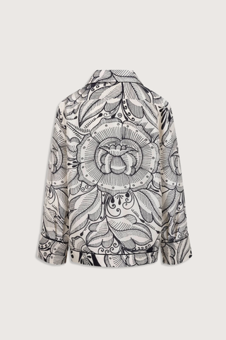 flat lay back profile Bernardina Printed Shantung Shirt silk ivory black print Button-down shirt
Printed silk shantung
Black silk twill piping throughout
Open camp collar