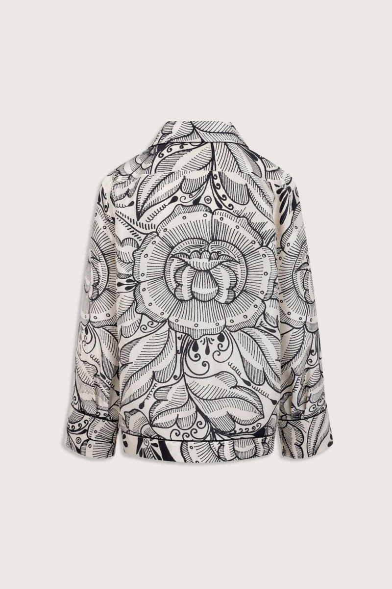 flat lay back profile Bernardina Printed Shantung Shirt silk ivory black print Button-down shirt
Printed silk shantung
Black silk twill piping throughout
Open camp collar