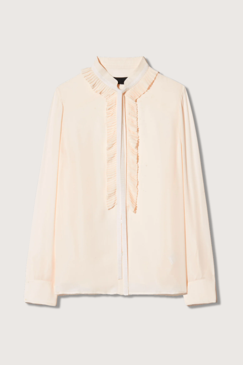 flat lay Bertille Ruffle Shirt IvoryRuffle on collar and button closure
Long sleeve silk ivory