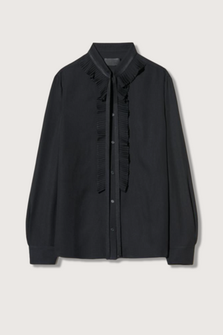 flat lay Bertille Ruffle Silk Shirt black ruffle collar and button closure with grosgrain tie and band collar