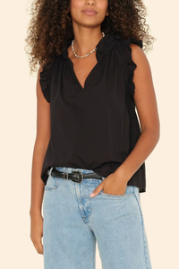 front profile model wearing Bex Poplin  cotton Top Black with ruffle sleeves