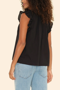 back profile model wearing Bex Poplin  cotton Top Black with ruffle sleeves