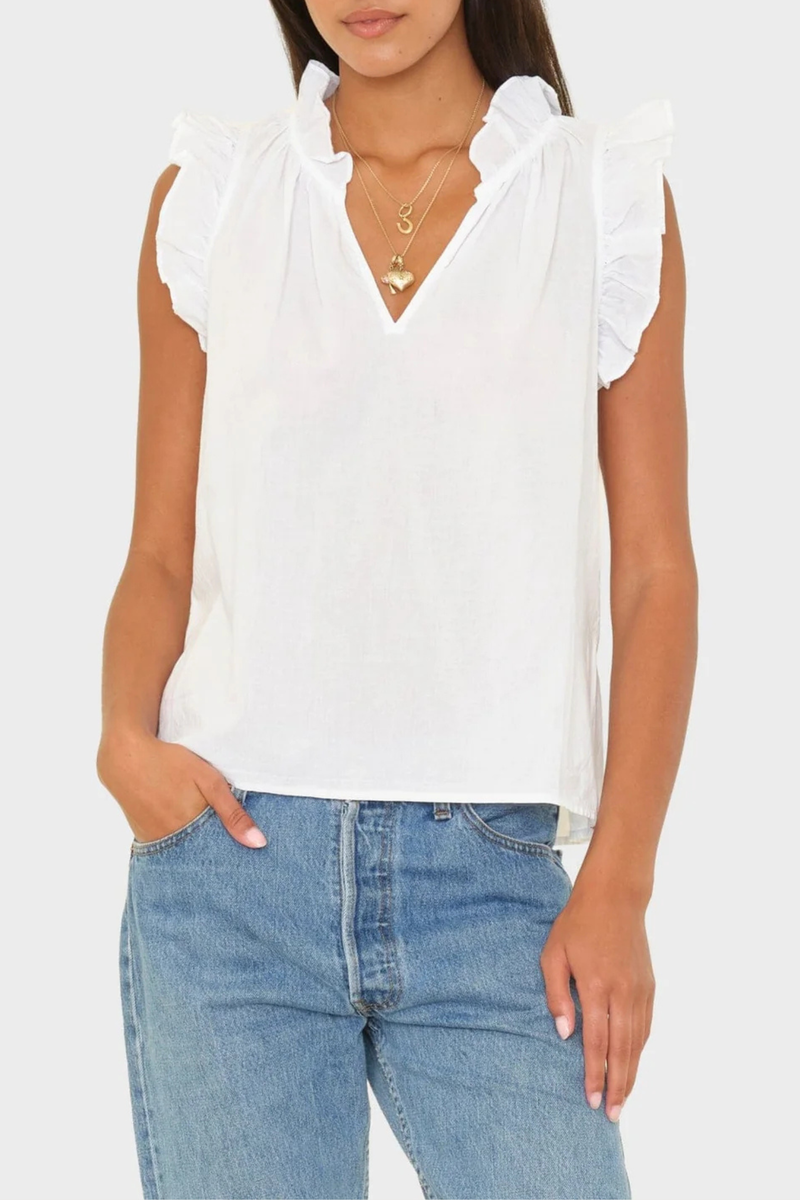 front profile model wearing Bex Poplin Top White Lightweight woven cotton poplin
Popover style
Deep V-neck
Ruffle detailing
Shirring throughout
Cotton Poplin | 100% Cotton