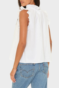 back profile model wearing Bex Poplin Top White Lightweight woven cotton poplin
Popover style
Deep V-neck
Ruffle detailing
Shirring throughout
Cotton Poplin | 100% Cotton