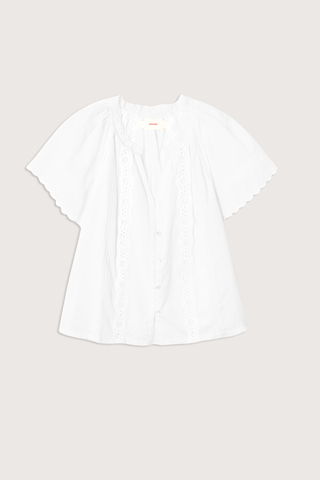 flat lay Bianca Cotton Short Sleeve Top white Superfine cotton voile
Button-front blouse
Split neck
Flutter sleeves
Scalloped trim
Pintuck detailing
Eyelet insets
Calista Cotton
100% Cotton
