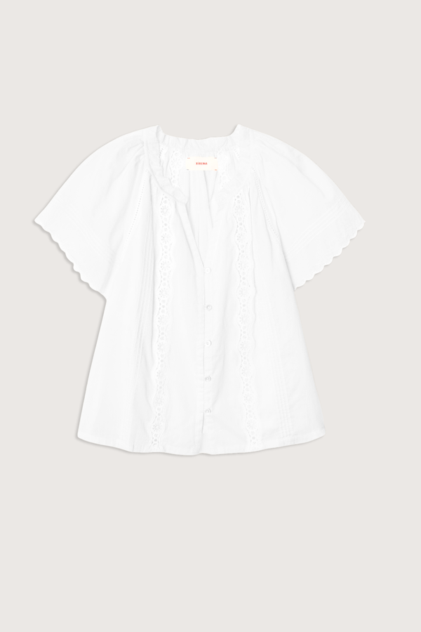 flat lay Bianca Cotton Short Sleeve Top white Superfine cotton voile
Button-front blouse
Split neck
Flutter sleeves
Scalloped trim
Pintuck detailing
Eyelet insets
Calista Cotton
100% Cotton