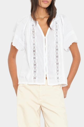 front profile model wearing Bianca Cotton Short Sleeve Top white Superfine cotton voile
Button-front blouse
Split neck
Flutter sleeves
Scalloped trim
Pintuck detailing
Eyelet insets
Calista Cotton
100% Cotton