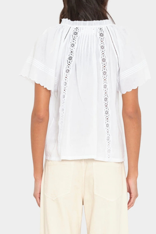 back profile model wearing Bianca Cotton Short Sleeve Top white Superfine cotton voile
Button-front blouse
Split neck
Flutter sleeves
Scalloped trim
Pintuck detailing
Eyelet insets
Calista Cotton
100% Cotton