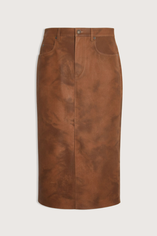 flat lay Bisane Pencil Faux Suede Skirt brown Pencil Skirt midi length front slit 5 pocket design
