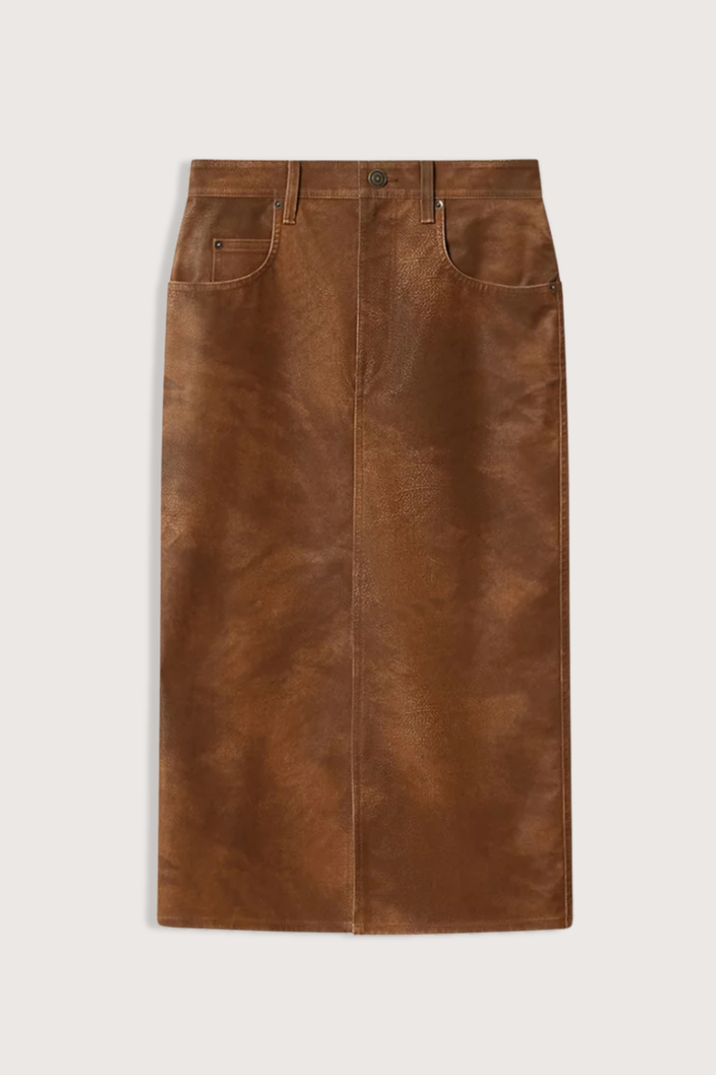 flat lay Bisane Pencil Faux Suede Skirt brown Faux suede midi skirt with a distressed finish
Mid-rise
Front closure with hidden zip fly 
Waistband with belt loops
Front slit
Embossed "Isabel Marant" leather patch at the back
Polyester 100%