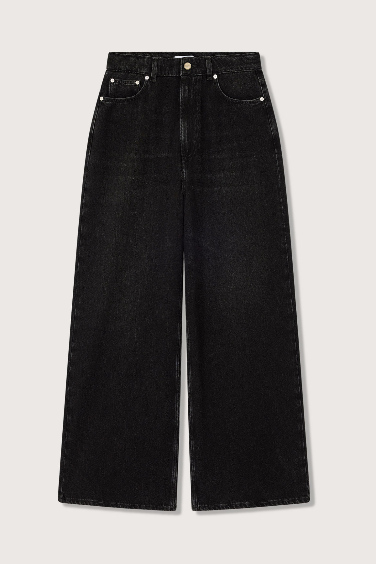 flat lay Black Washed Baggy Jeans Zip and button closure 5 pockets Belt loops GANNI logo at the back pocket