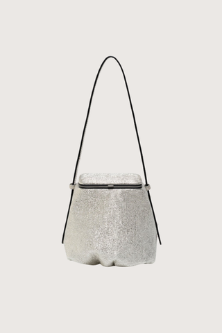 front profile Blaine Short Strap Bag Silver Metallic Pouch style bag
Single latch closure
Voluminous pleated pouch
Adjustable strap in nappa leather
Italian suede with applied mini-dots
24k gold-plated hardware
