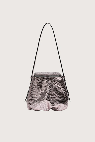 Front profile Blaine Short Strap Disco Ball Metallic Pouch style bag
Single latch closure
Voluminous pleated pouch
Adjustable strap in nappa leather
Italian suede with applied mini-dots
24k gold-plated hardware
