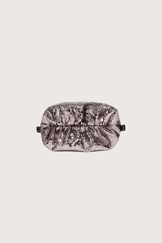 bottom profile Blaine Short Strap Disco Ball Metallic Pouch style bag
Single latch closure
Voluminous pleated pouch
Adjustable strap in nappa leather
Italian suede with applied mini-dots
24k gold-plated hardware
