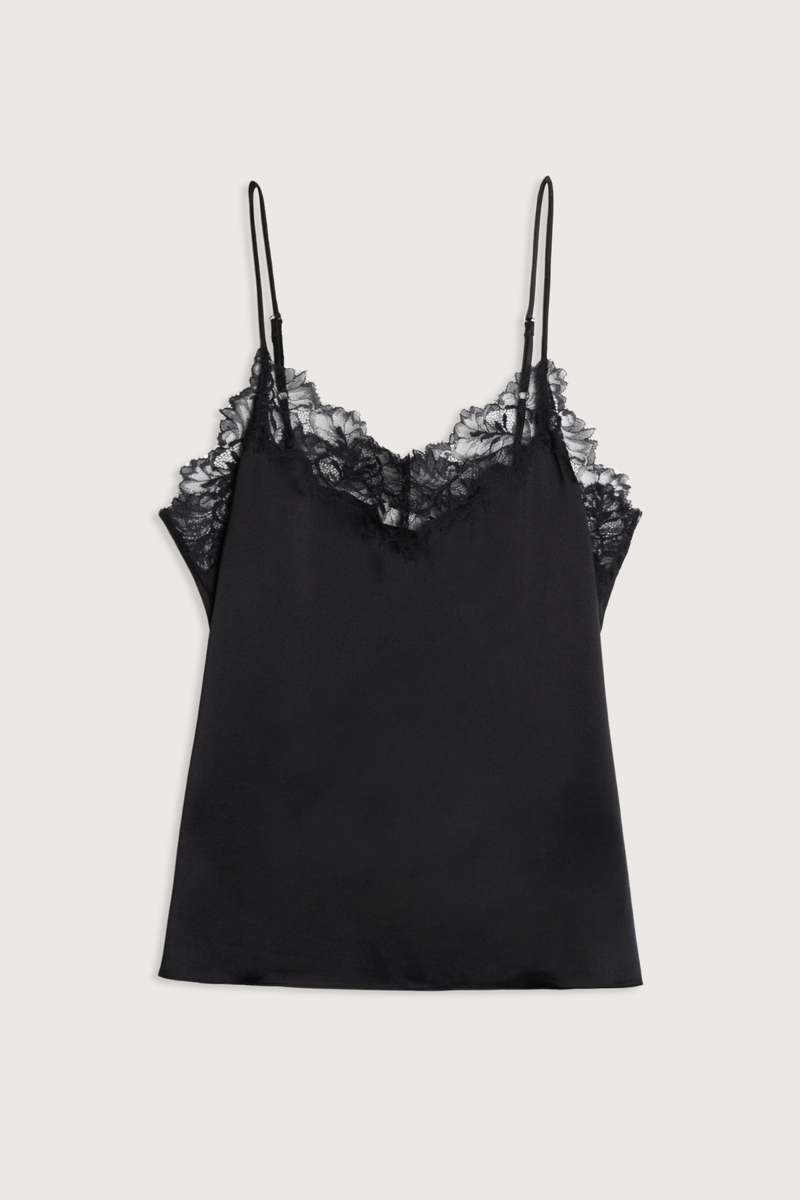 flat lay Bobbi Lace Camisole black V-neck 
Lace trim
100% Silk