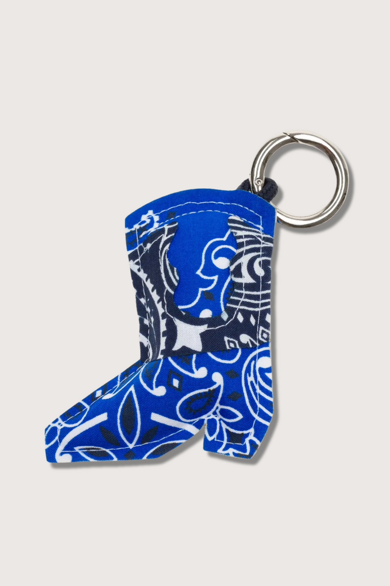 opposite side flat lay Boot Charm navy blue cotton bandana with snap hook