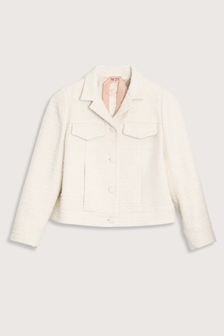 flat lay Boucle Jacket Cream Cream bouclé jacket
Button-front closure
Classic collar
Straight-fit design
Long&nbsp;3/4 sleeves
Front pockets
Traditional finish
Classic construction