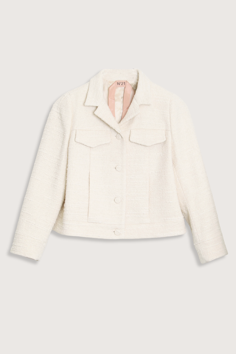 flat lay Boucle Jacket Cream Cream bouclé jacket
Button-front closure
Classic collar
Straight-fit design
Long&nbsp;3/4 sleeves
Front pockets
Traditional finish
Classic construction