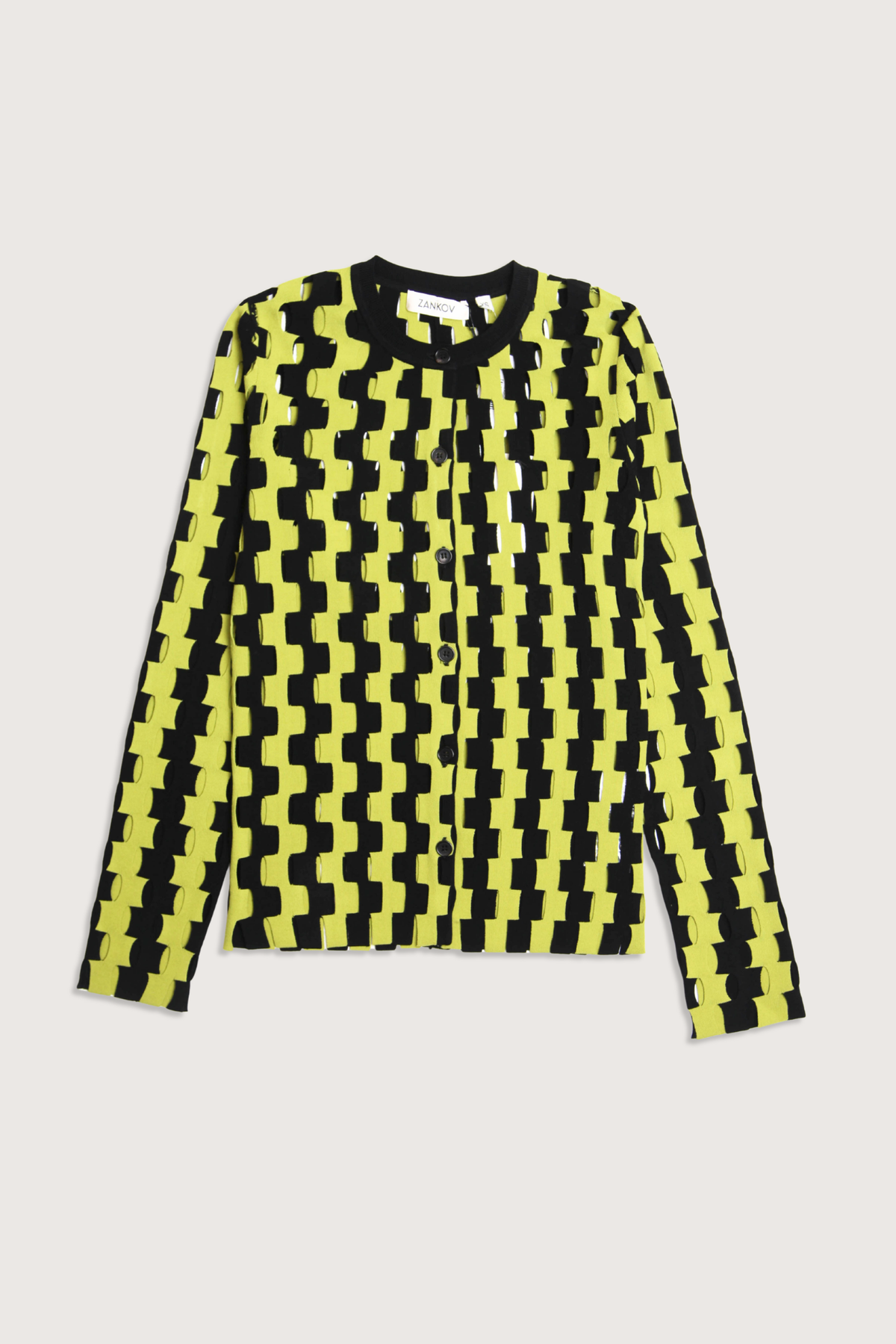 flat lay Bowery Zigzag Intarsia Cardigan black aloe combo Open-knit
Intarsia technique
Crew neckline; button front
Long sleeves
Fitted
Polyester