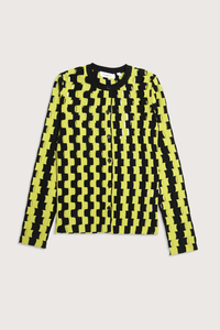 flat lay Bowery Zigzag Intarsia Cardigan black aloe combo Open-knit
Intarsia technique
Crew neckline; button front
Long sleeves
Fitted
Polyester