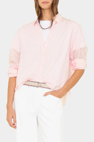 front profile model wearing Bowie Shirt Pale Rose Button down
Three inches shorter than beau shirt
True to size
100% Cotton