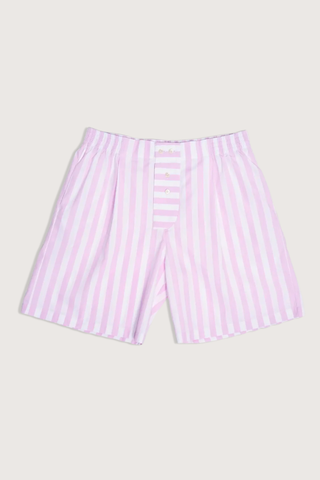 flat lay Boxer Shorts pink white vertical stripe Straight leg
Mid-rise
Relaxed fit
Elasticated at the waist
Pale pink and white vertical stripe
Mother-of-pearl buttons
Medium weight cotton
100% two-ply cotton poplin woven in Italy