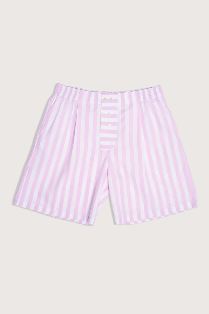 flat lay Boxer Shorts pink white vertical stripe Straight leg
Mid-rise
Relaxed fit
Elasticated at the waist
Pale pink and white vertical stripe
Mother-of-pearl buttons
Medium weight cotton
100% two-ply cotton poplin woven in Italy